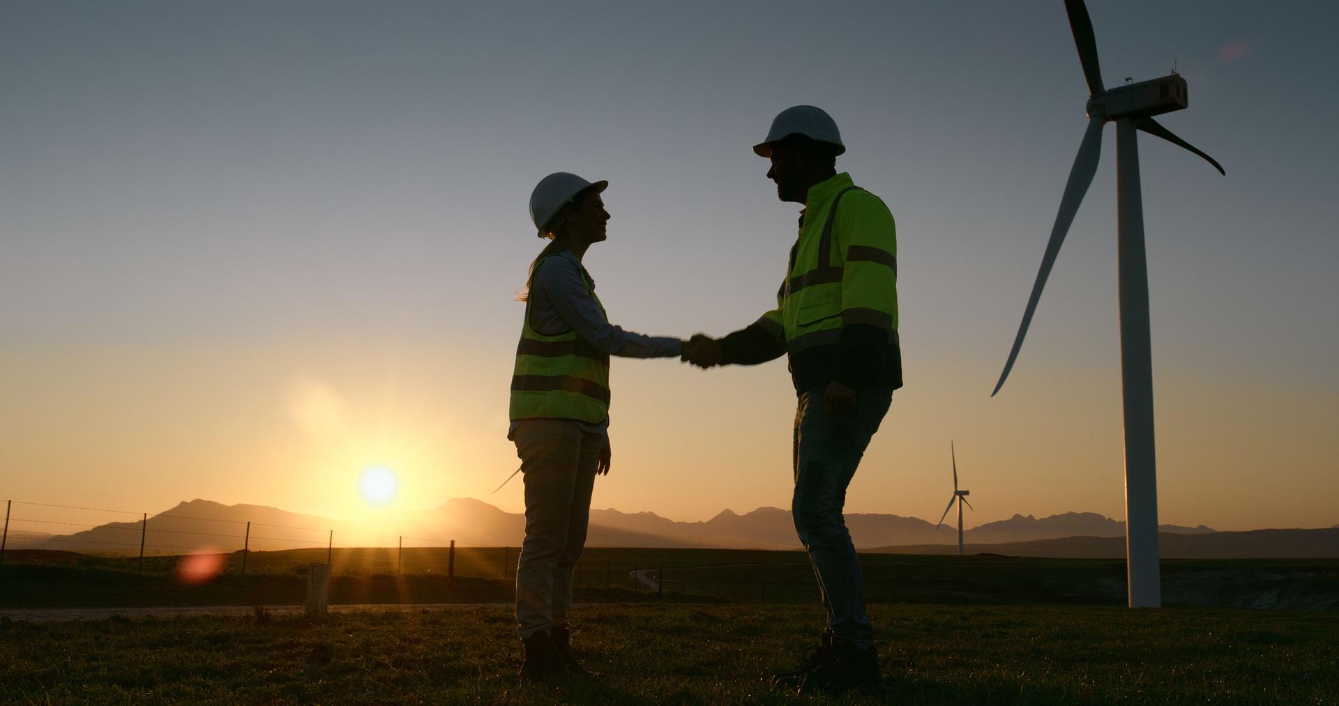 Business people, engineer or handshake with sunset for clean energy or eco friendly power in nature. Businessman, woman or contractor shaking hands for alternative development or renewable production