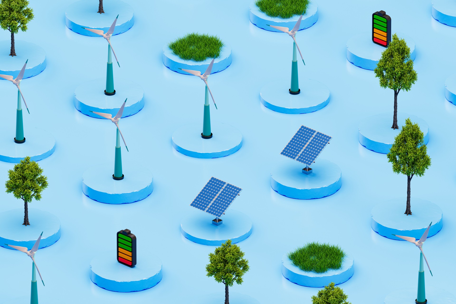 Battery with Wind Turbine, Solar Panel, Tree and Grass, Green Technology and Sustainability Concept